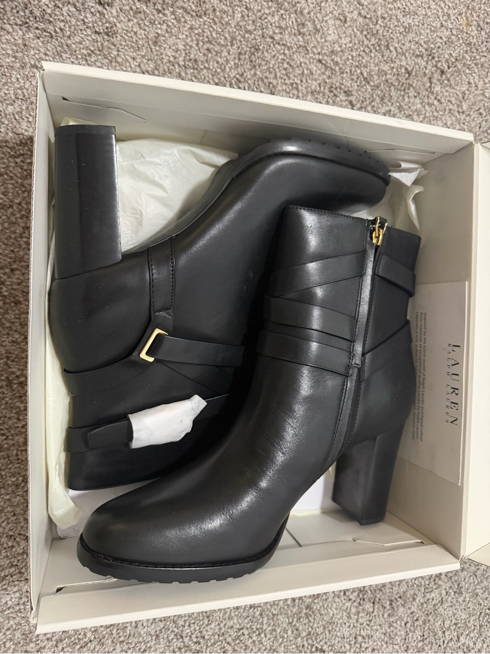 “New” Ralph Lauren Black Leather Strap Block Heel Ankle Boots size11B